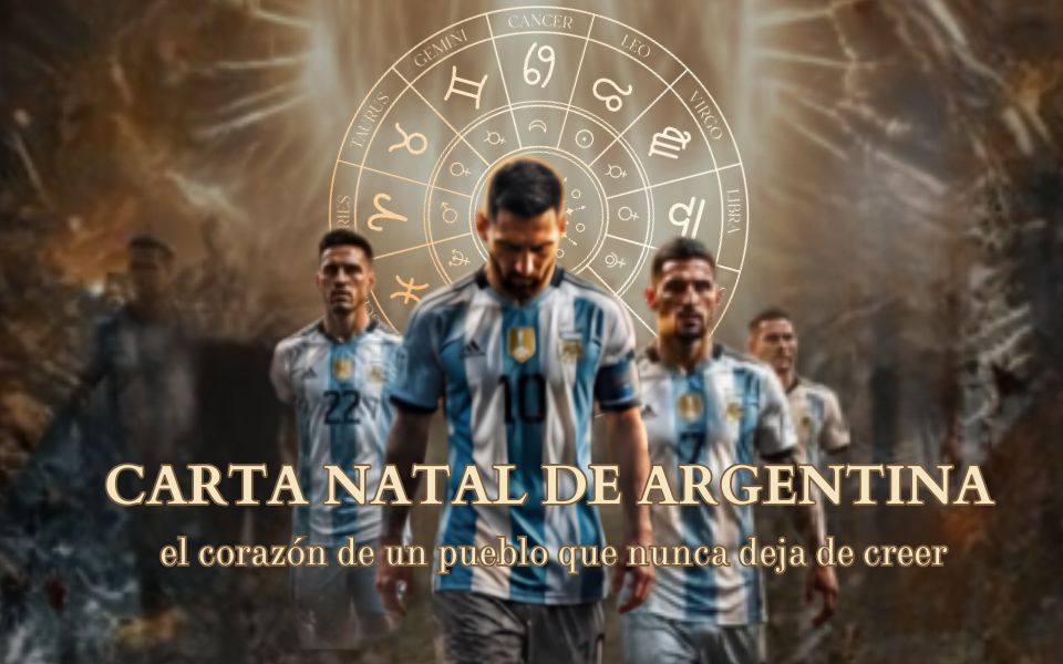 Carta Natal de Argentina representada con la Selección Argentina bajo una rueda zodiacal, simbolizando la identidad, la resiliencia y el corazón del pueblo argentino.