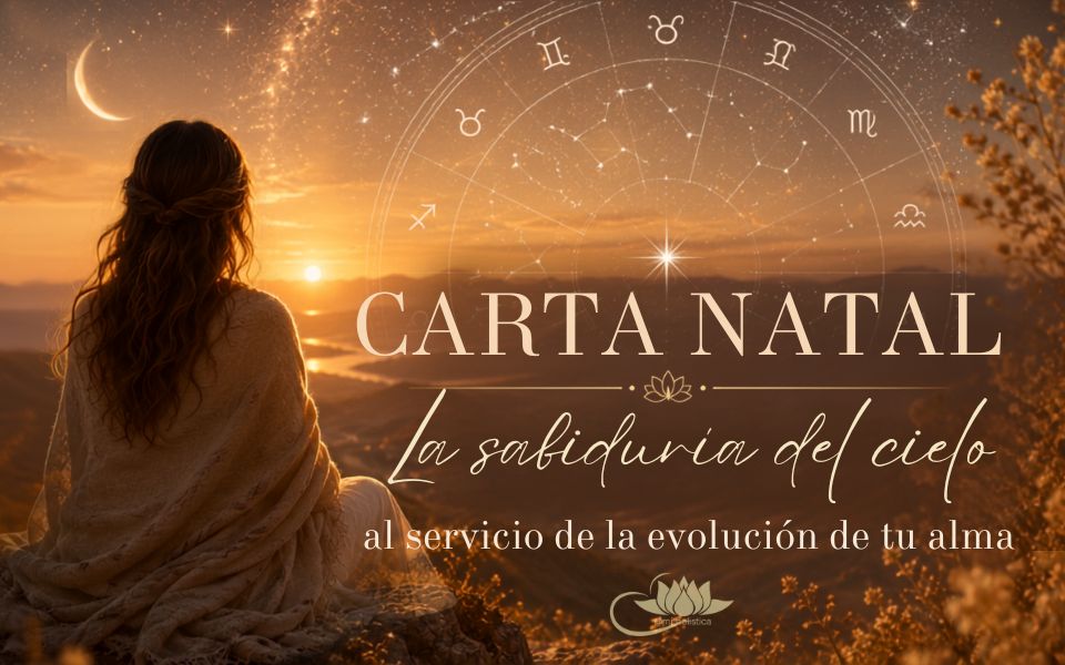 Imagen de Carta Natal con un cielo estrellado y una figura contemplando el horizonte, representando la sabiduría del cielo al servicio de la evolución del alma.